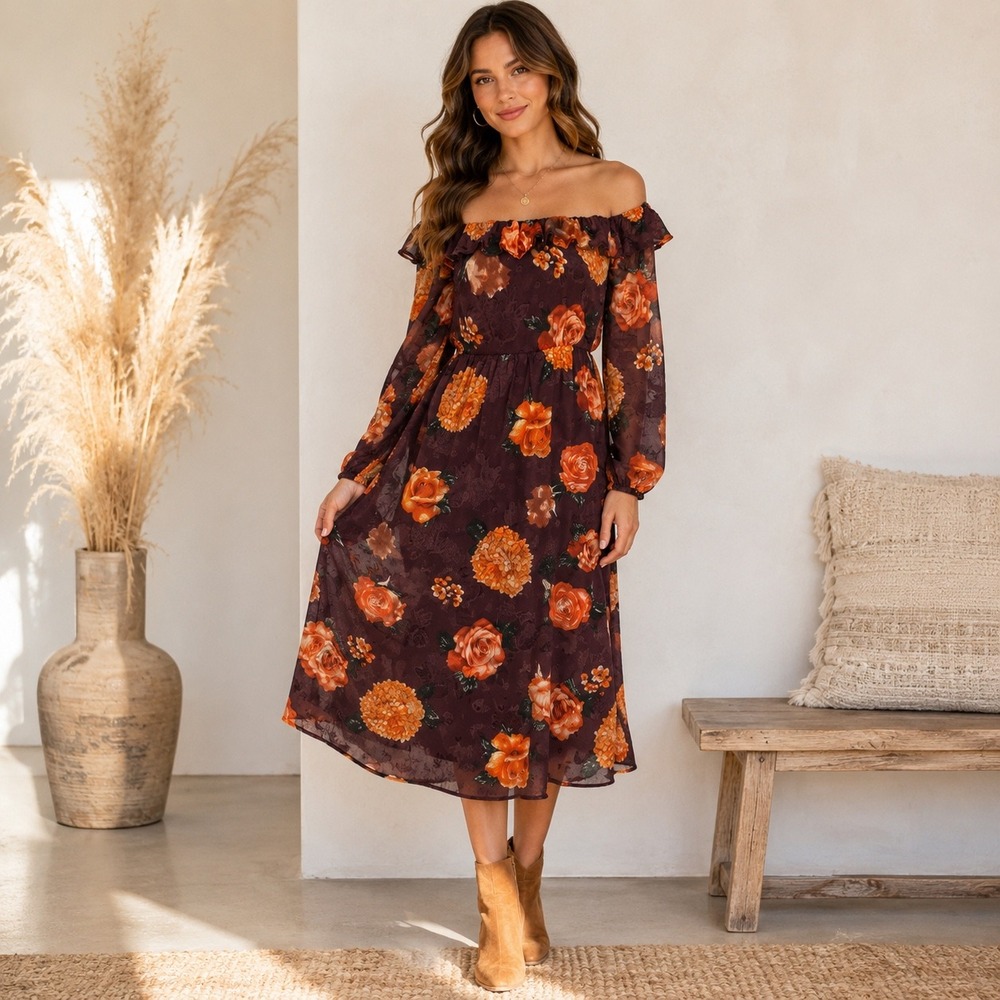 &merci Size S Brown Orange Floral Off Shoulder Midi Dress NWT Boho